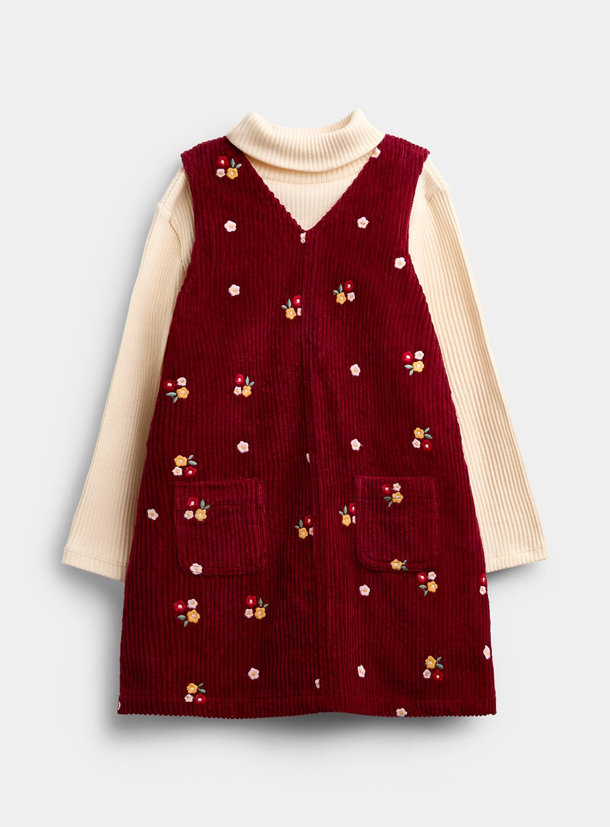 JOJO MAMAN BÉBÉ Chunky Cord Embroidered Pinny and Turtle Neck Top Dark Red 12-18 months - Image 1